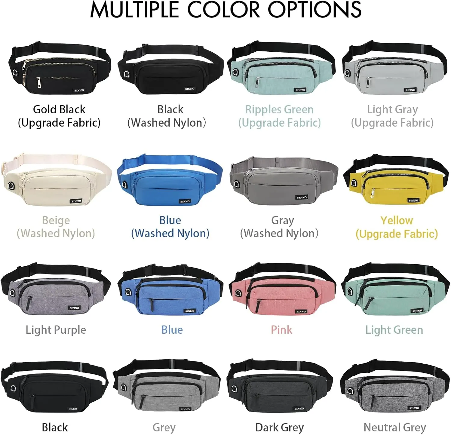 SINNO Large Crossbody Fanny Pack for Women Men Belt Bag With 4-Zipper Pockets for Travel Running Hiking Workout Dog Walking Outdoors Sport Fishing Waist Pack Bag Carrying All Phones
