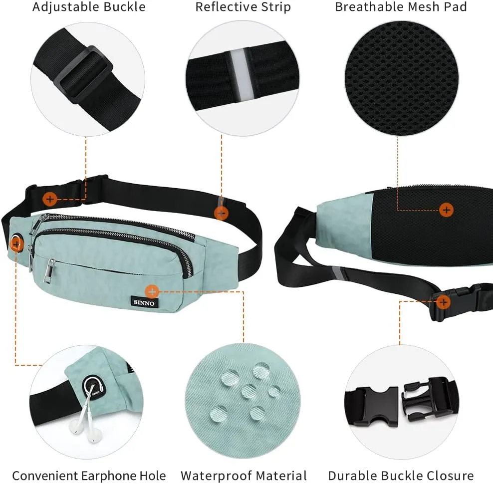 SINNO Large Crossbody Fanny Pack for Women Men Belt Bag With 4-Zipper Pockets for Travel Running Hiking Workout Dog Walking Outdoors Sport Fishing Waist Pack Bag Carrying All Phones
