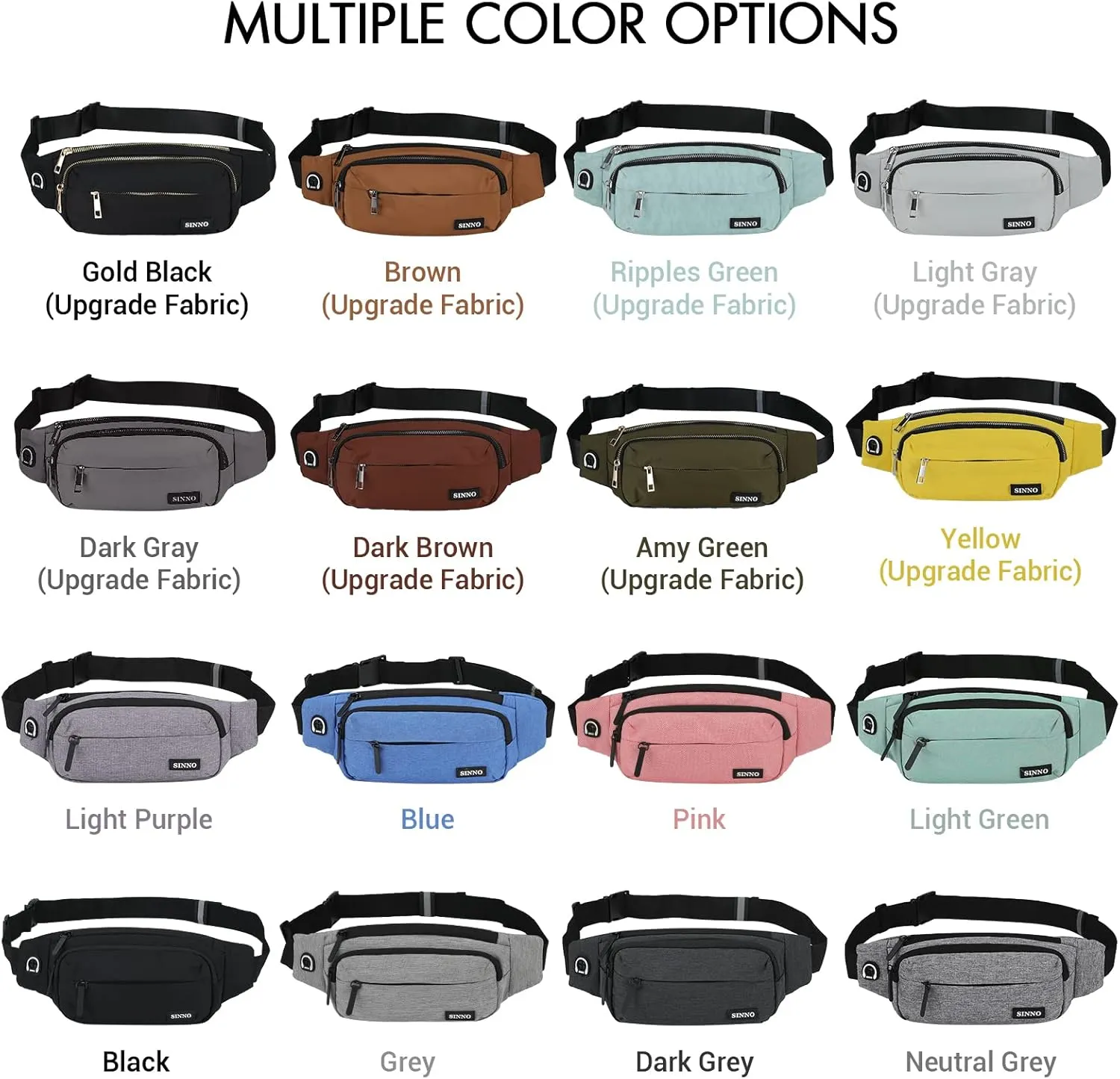 SINNO Large Crossbody Fanny Pack for Women Men Belt Bag With 4-Zipper Pockets for Travel Running Hiking Workout Dog Walking Outdoors Sport Fishing Waist Pack Bag Carrying All Phones