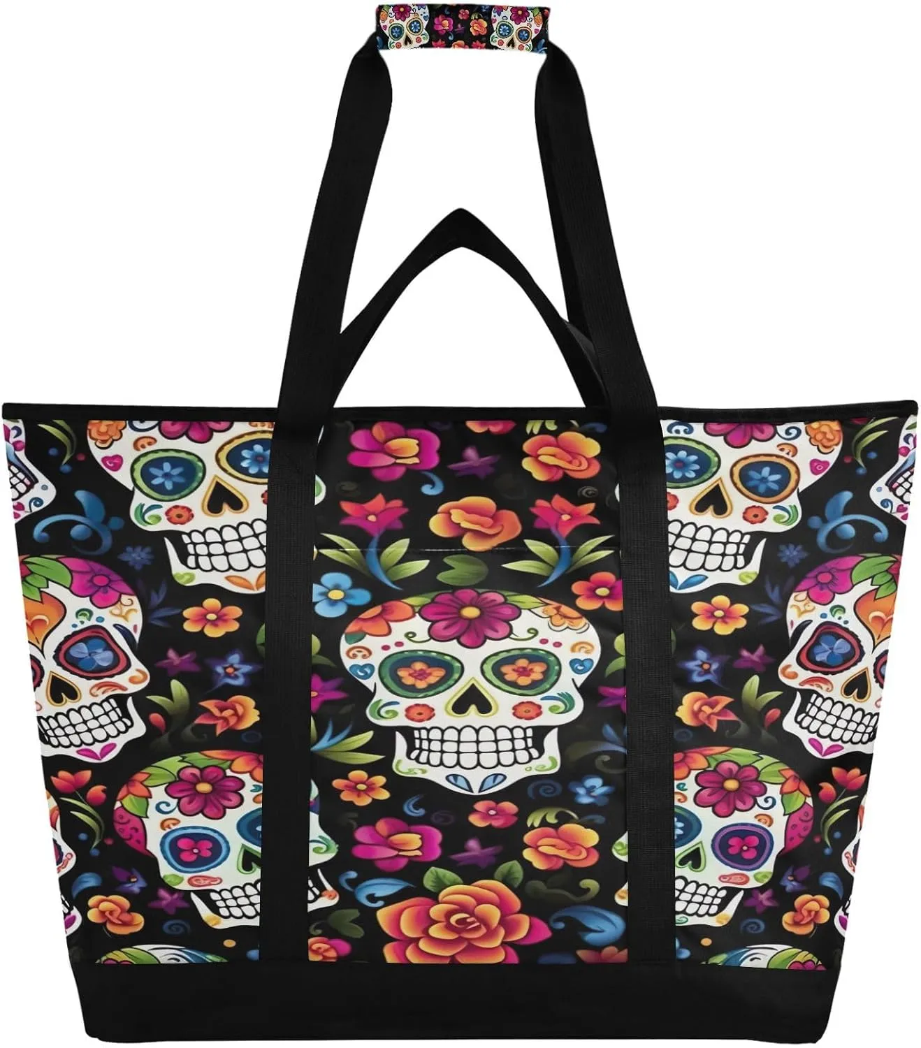 Skull Flowers Reusable Insulated Lunchbox Cooler Bag, Leakproof Kitchen Grocery Bag Collapsible Portable Cooler Tote Bag for Picnic, Camping, Office, Travel