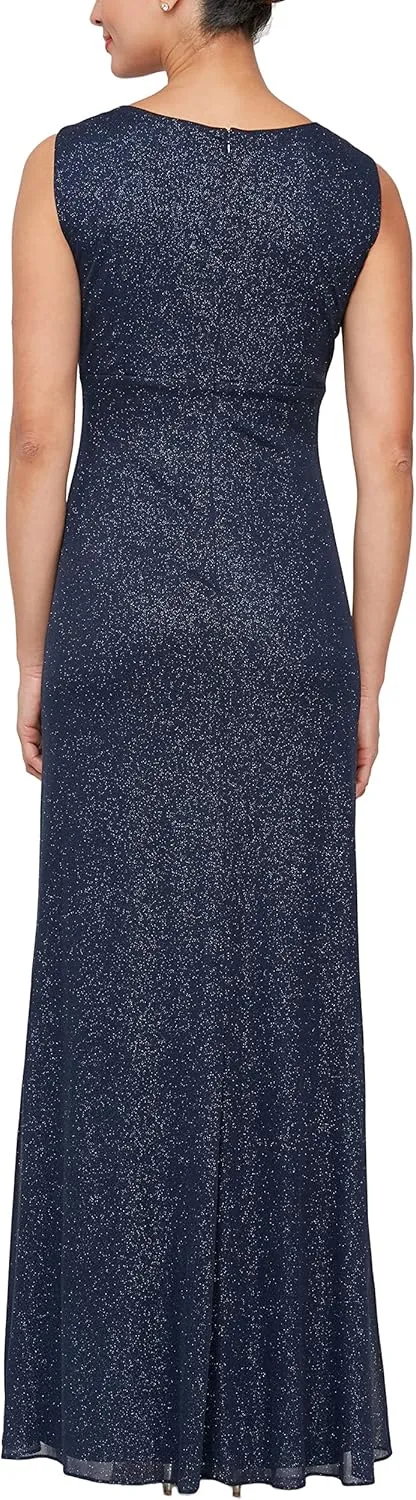 S.L. Fashions Women's Long Glitter Mesh Sleeveless Dress With Embellished Waist and Shawl