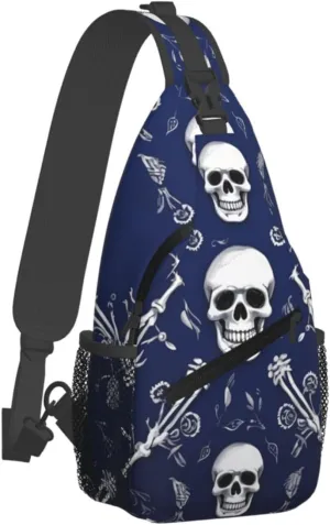 Sling Bag for Women Men Chest Bag Blue skull and bones Crossbody Bag Small Sling Backpack Fanny Packs Hiking Daypack