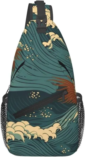 Sling Bag for Women Men Chest Bag Japan Wave Wallpapers Crossbody Bag Sling Backpack Fanny Packs Hiking Daypack for Travel