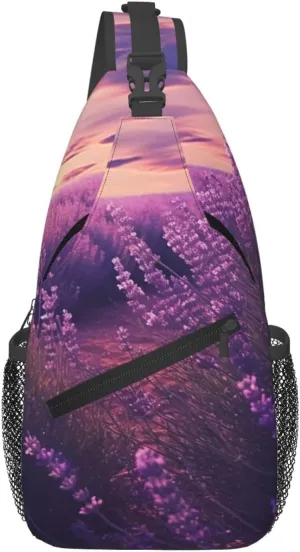 Sling Bag for Women Men Chest Bag Purple Lavender Field Crossbody Bag Sling Backpack Fanny Packs Hiking Daypack for Travel