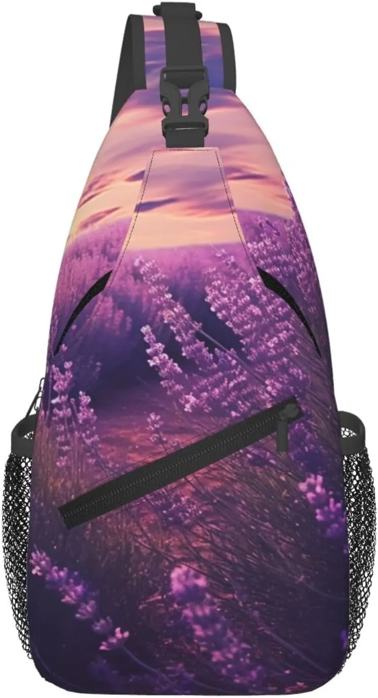 Sling Bag for Women Men Chest Bag Purple Lavender Field Crossbody Bag Sling Backpack Fanny Packs Hiking Daypack for Travel