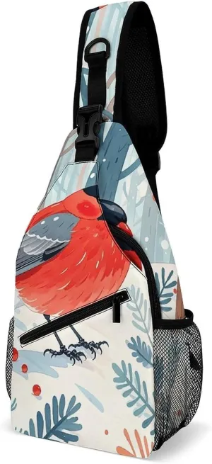 Sling Bag for Women Men Chest Bag Red-bellied Gray Finch Winter Forest Watercolor Crossbody Bag Small Sling Backpack Daypack Fanny Packs