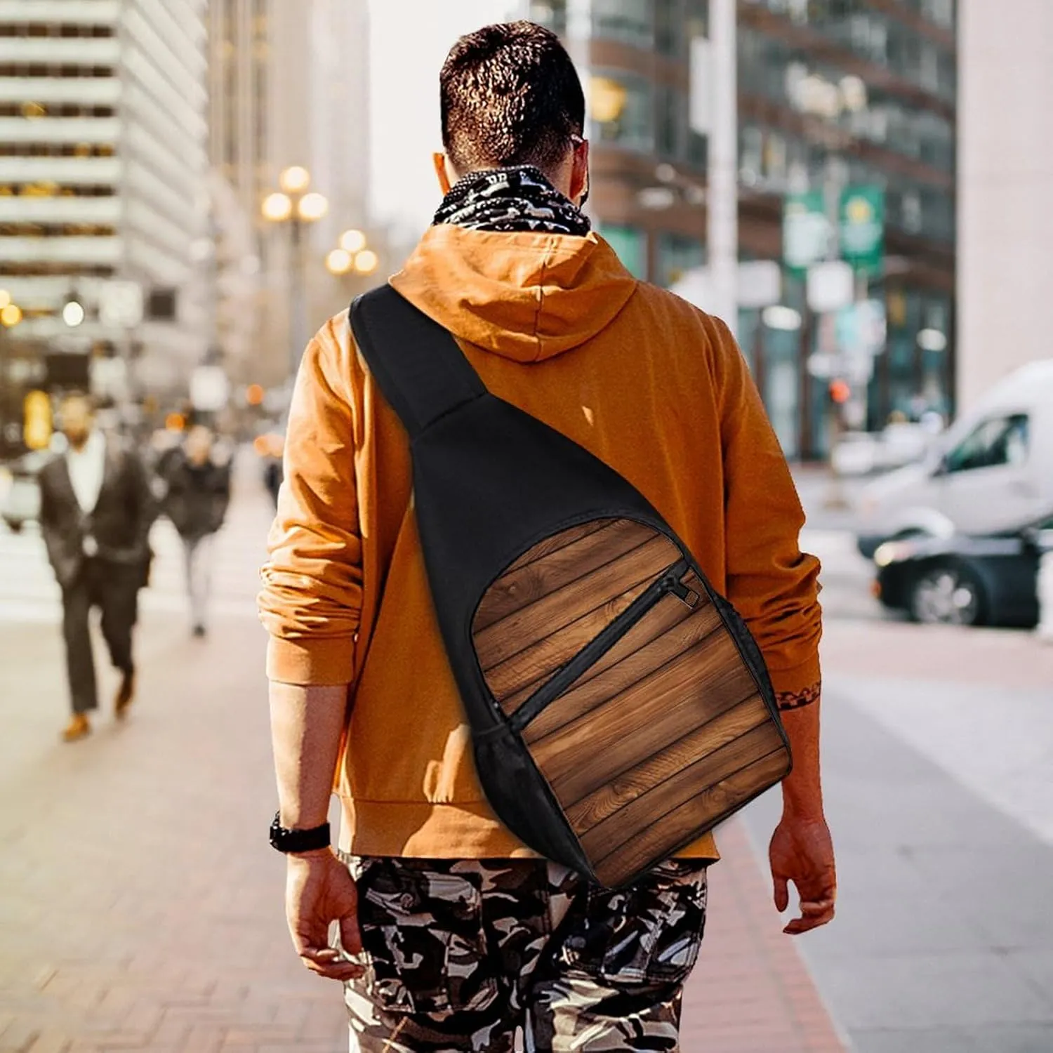 Sling Bag for Women Men Crossbody Bag Chest Bag Brown Wooden Sling Backpack Fanny Packs Travel Hiking Daypack