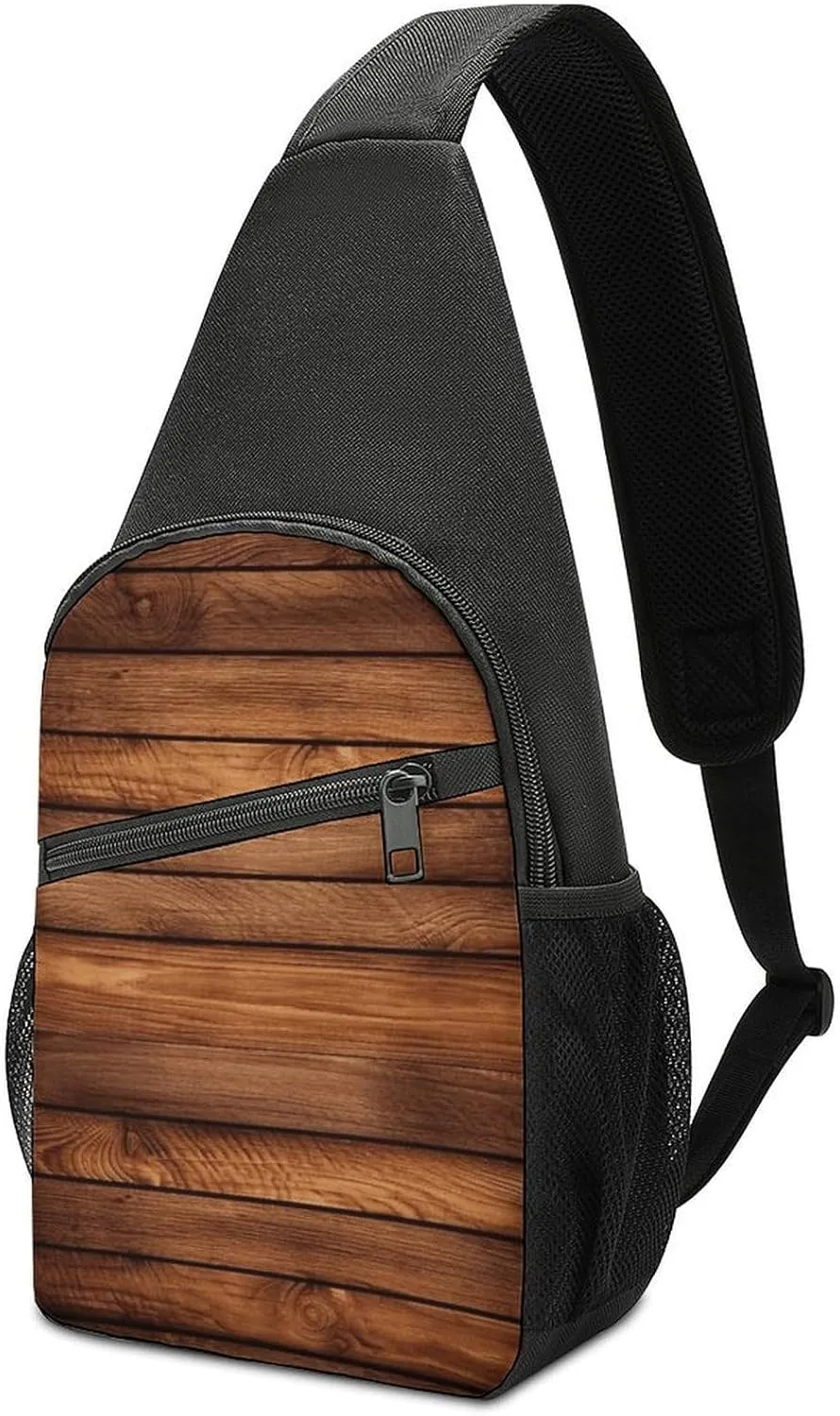 Sling Bag for Women Men Crossbody Bag Chest Bag Brown Wooden Sling Backpack Fanny Packs Travel Hiking Daypack
