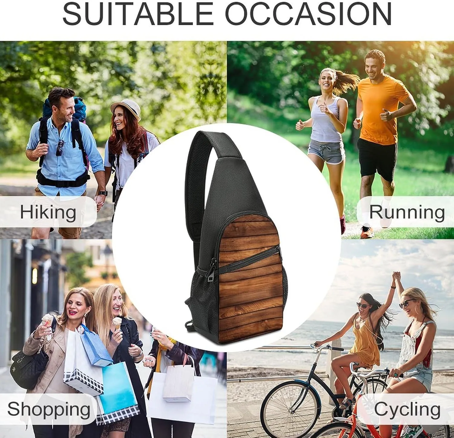 Sling Bag for Women Men Crossbody Bag Chest Bag Brown Wooden Sling Backpack Fanny Packs Travel Hiking Daypack