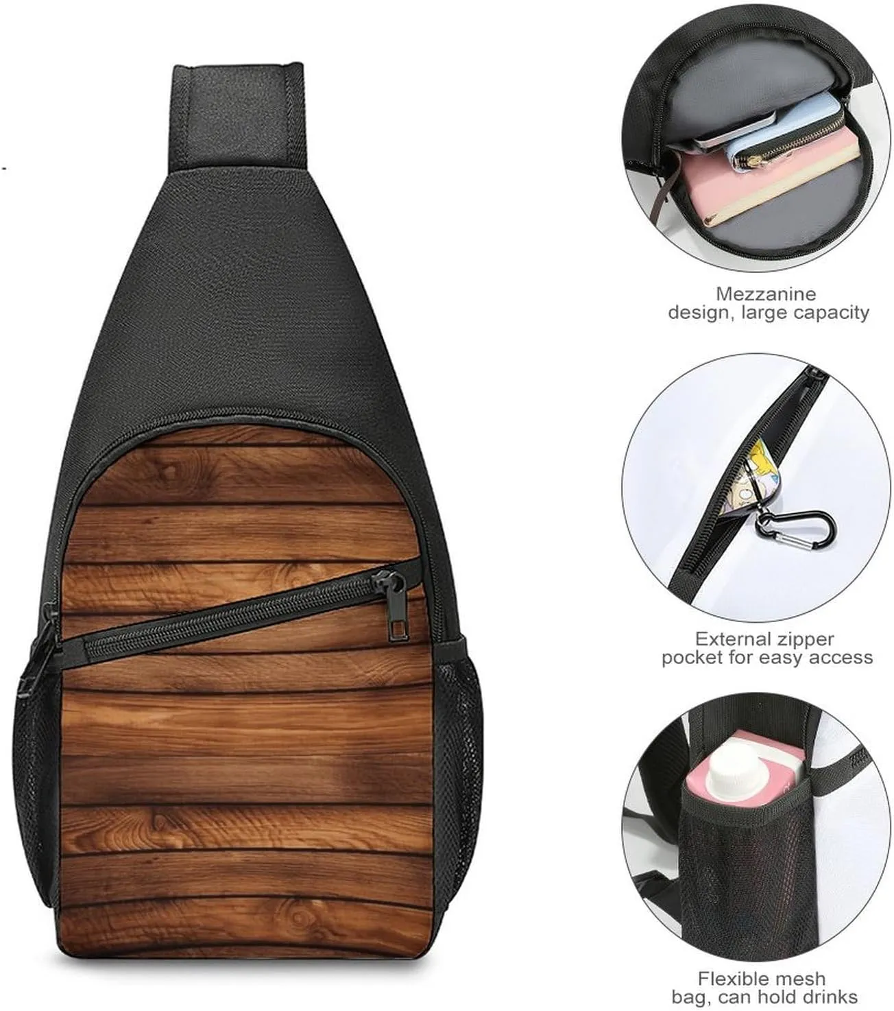 Sling Bag for Women Men Crossbody Bag Chest Bag Brown Wooden Sling Backpack Fanny Packs Travel Hiking Daypack