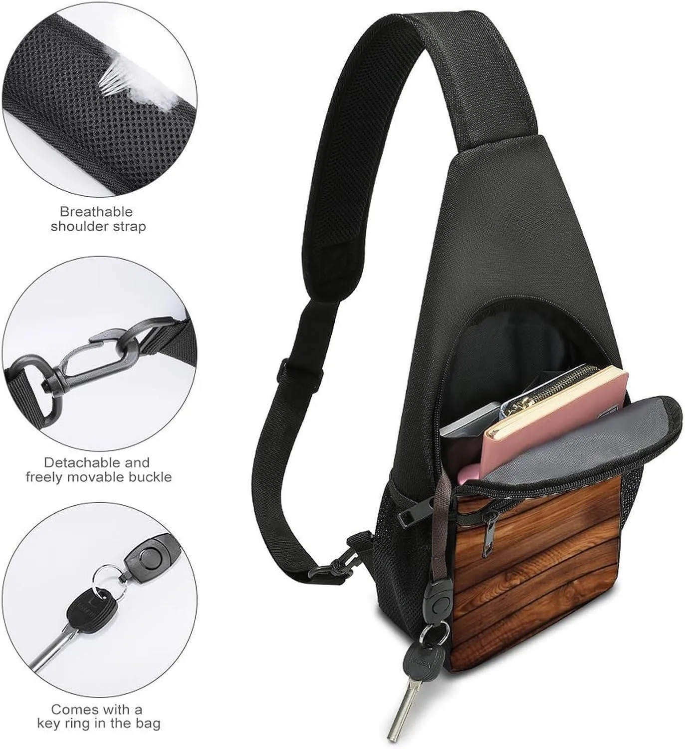 Sling Bag for Women Men Crossbody Bag Chest Bag Brown Wooden Sling Backpack Fanny Packs Travel Hiking Daypack