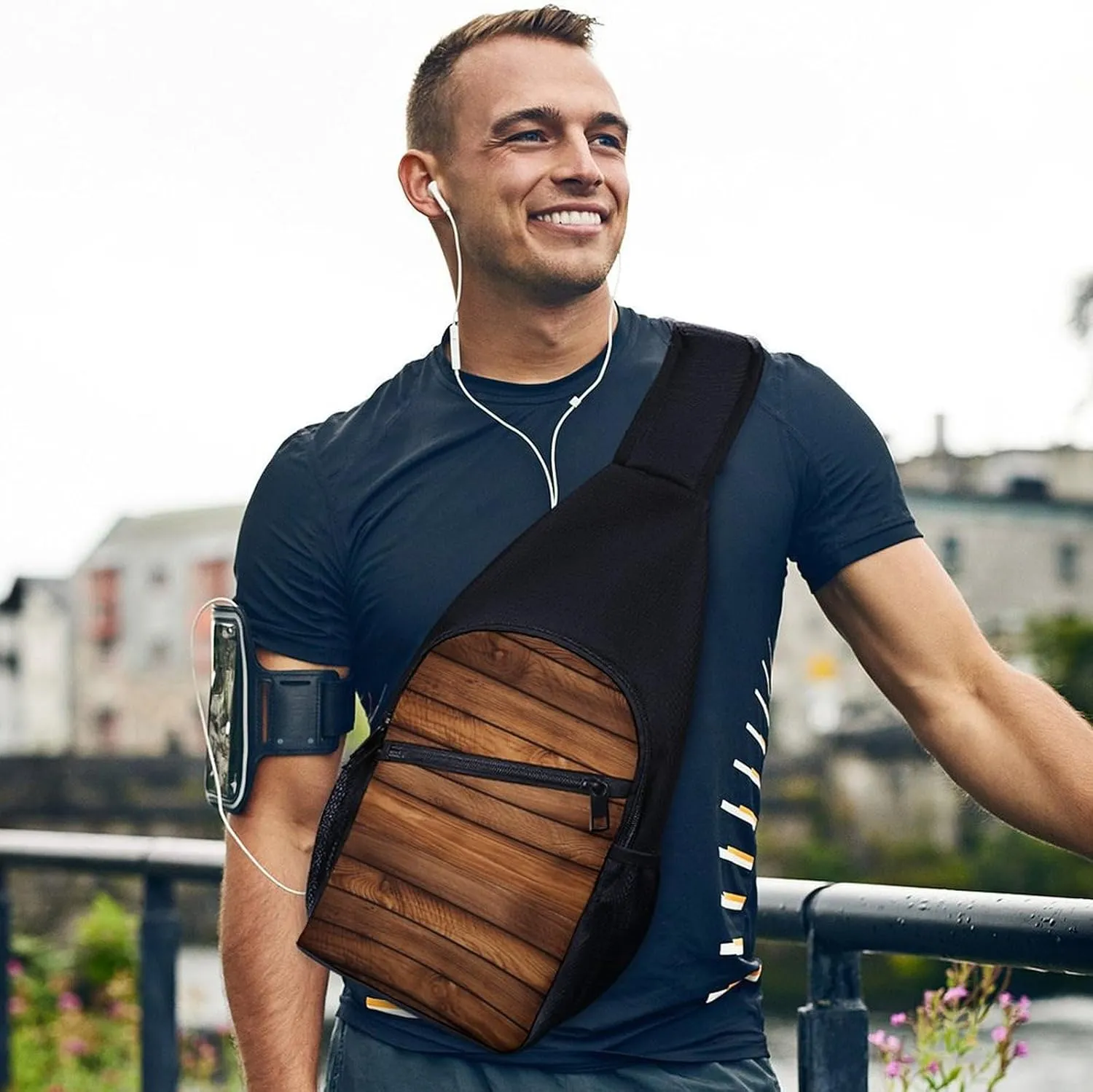 Sling Bag for Women Men Crossbody Bag Chest Bag Brown Wooden Sling Backpack Fanny Packs Travel Hiking Daypack