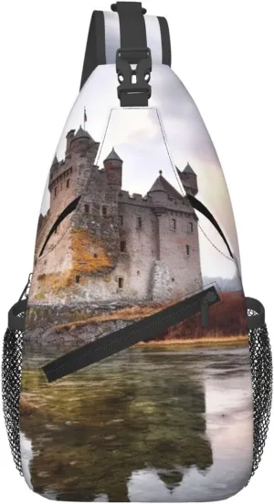 Sling Bag for Women Men Crossbody Bag Sling Backpack Castle Near Lake Stones Chest Bag Fanny Packs Hiking Daypack