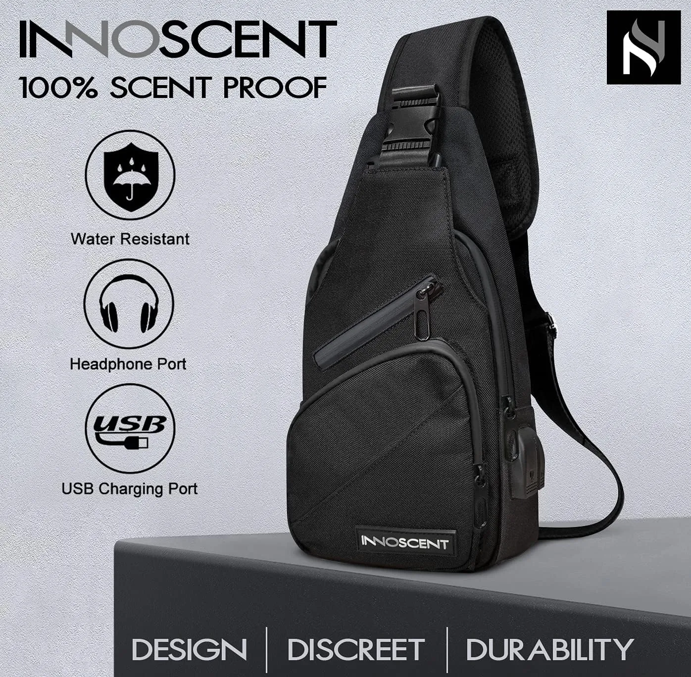 Smell Proof Sling Bag Backpack - COMBINATION LOCK - Shoulder Crossbody Bag With USB/Headphone Charging Port Black