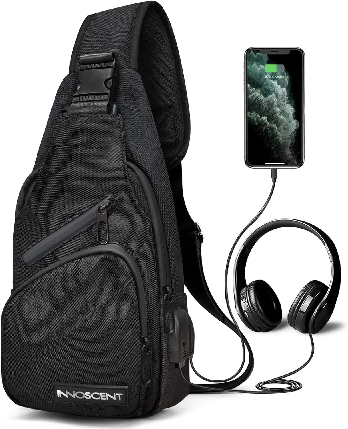 Smell Proof Sling Bag Backpack - COMBINATION LOCK - Shoulder Crossbody Bag With USB/Headphone Charging Port Black