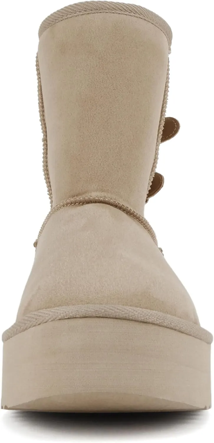 Soda “Medal” ~ Women Round Toe Belt Strap Sweater Shaft Lug Sole Low Flatform Sherpa-lined Mid-Calf Boot