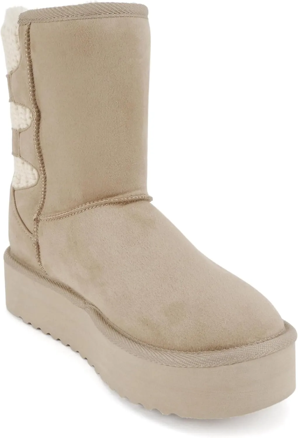 Soda “Medal” ~ Women Round Toe Belt Strap Sweater Shaft Lug Sole Low Flatform Sherpa-lined Mid-Calf Boot