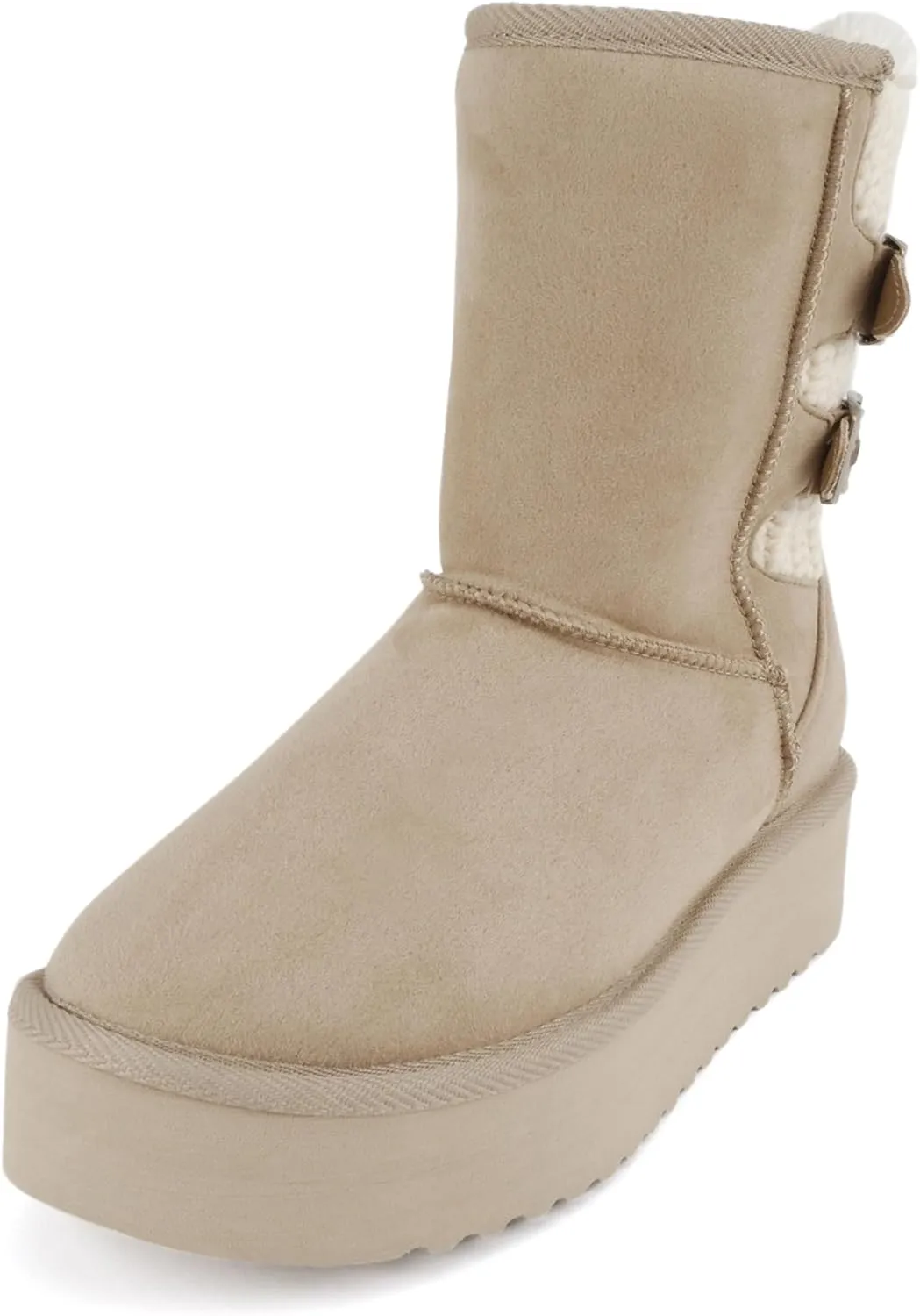 Soda “Medal” ~ Women Round Toe Belt Strap Sweater Shaft Lug Sole Low Flatform Sherpa-lined Mid-Calf Boot
