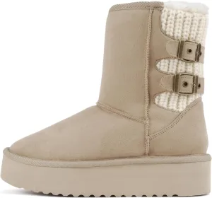 Soda “Medal” ~ Women Round Toe Belt Strap Sweater Shaft Lug Sole Low Flatform Sherpa-lined Mid-Calf Boot