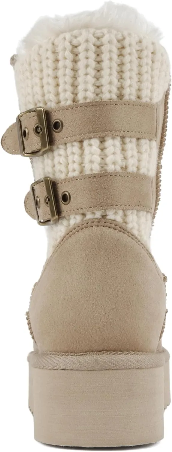 Soda “Medal” ~ Women Round Toe Belt Strap Sweater Shaft Lug Sole Low Flatform Sherpa-lined Mid-Calf Boot