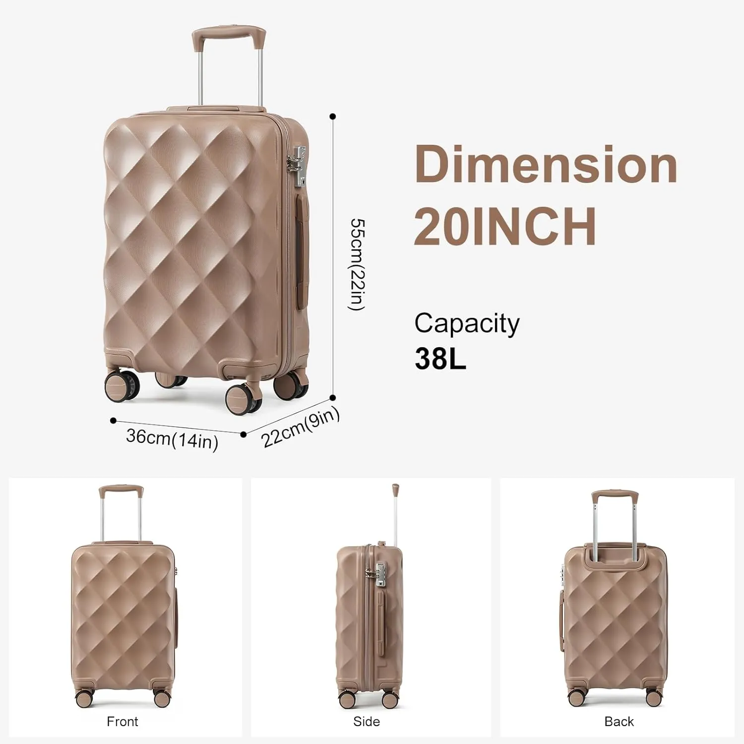 Somago Luggage Sets 20in Carry on Suitcase with TSA Lock YKK Zipper Spinner Wheels ABS Hardside Luggage 3 Piece Weekender Bags Travel Set, Khaki