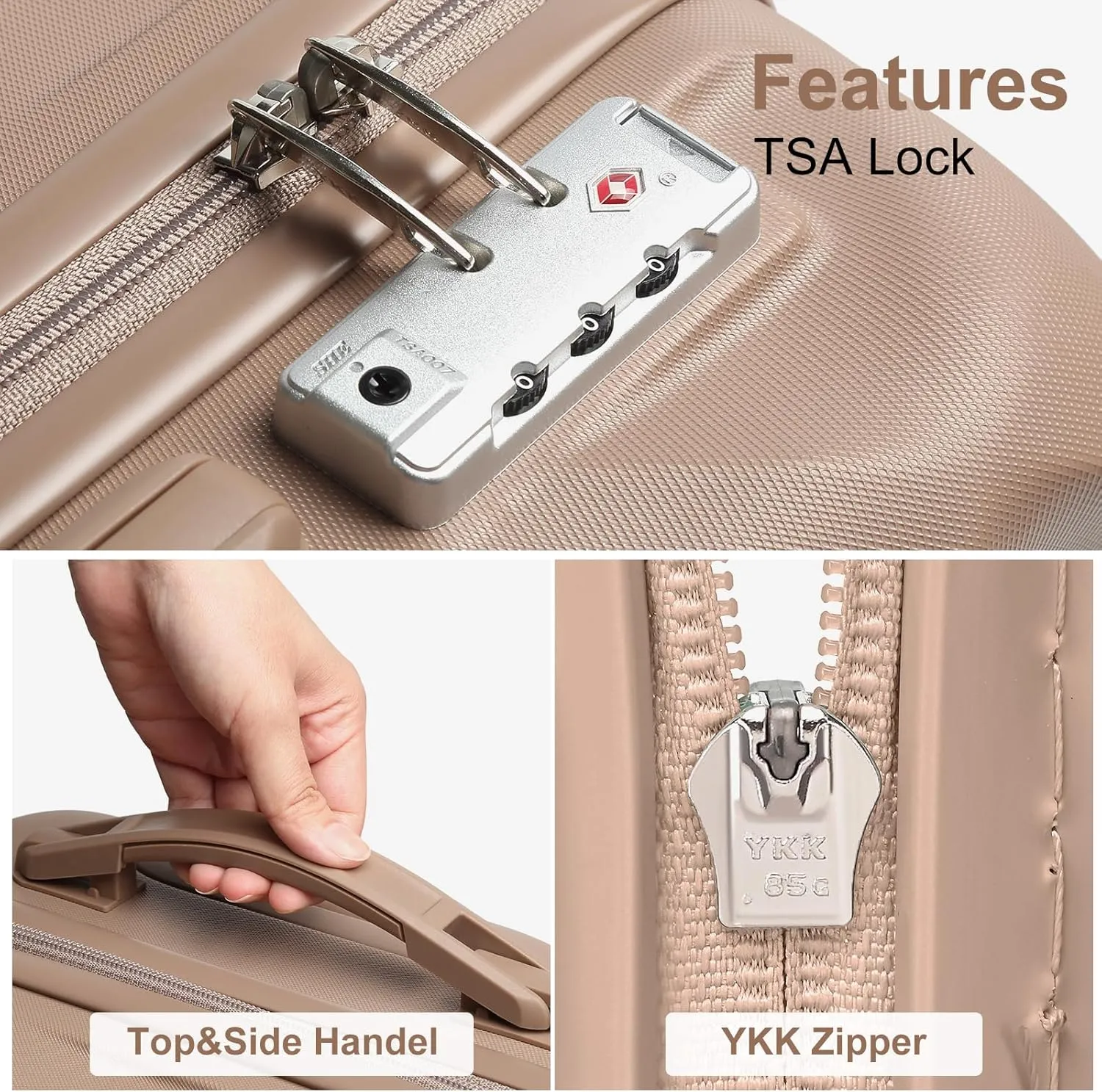 Somago Luggage Sets 20in Carry on Suitcase with TSA Lock YKK Zipper Spinner Wheels ABS Hardside Luggage 3 Piece Weekender Bags Travel Set, Khaki