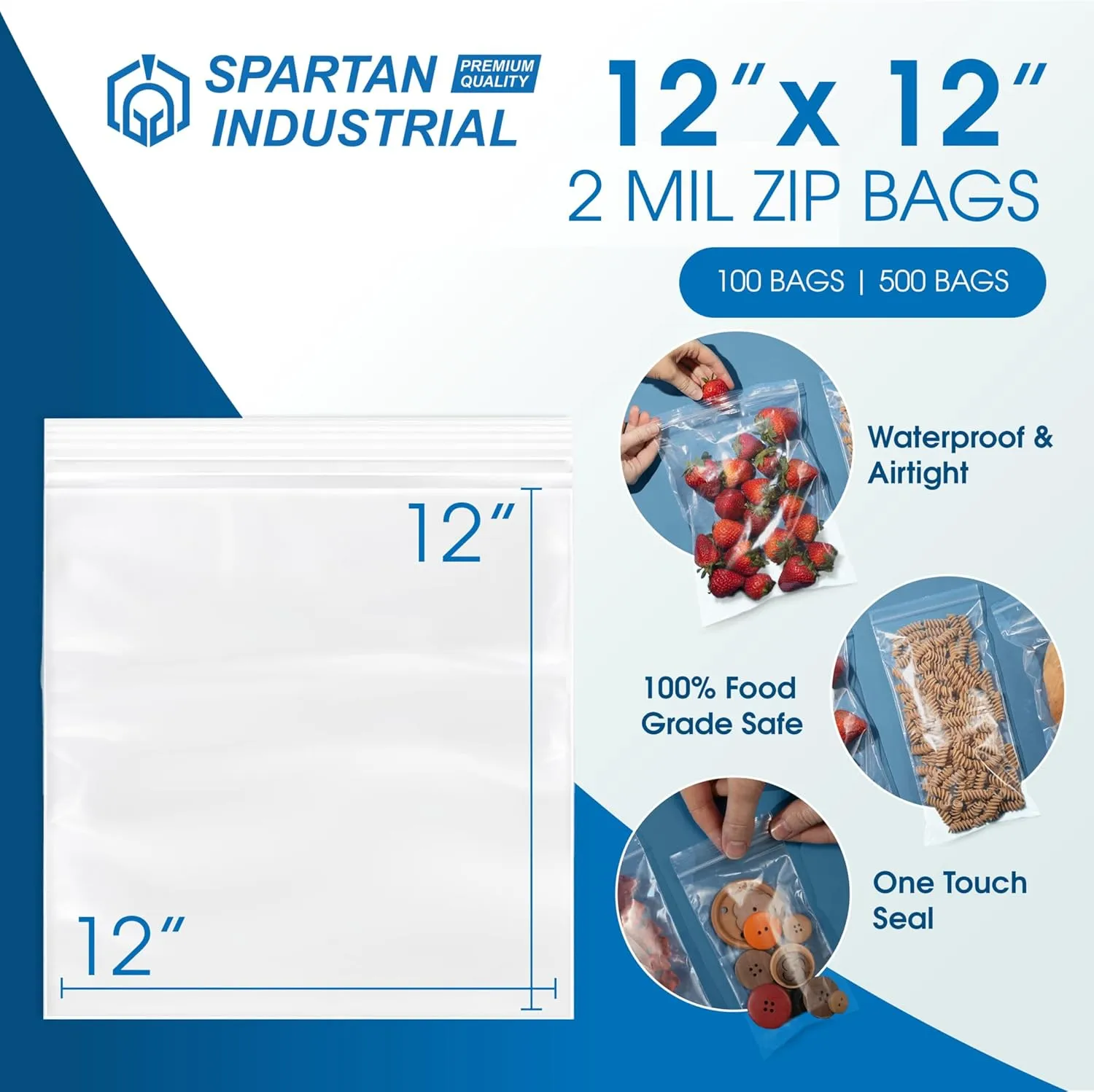 Spartan Industrial - 12” X 12” (100 Count) 2 Mil Clear Reclosable Zip Plastic Poly Bags with Resealable Lock Seal Zipper