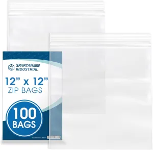 Spartan Industrial - 12” X 12” (100 Count) 2 Mil Clear Reclosable Zip Plastic Poly Bags with Resealable Lock Seal Zipper