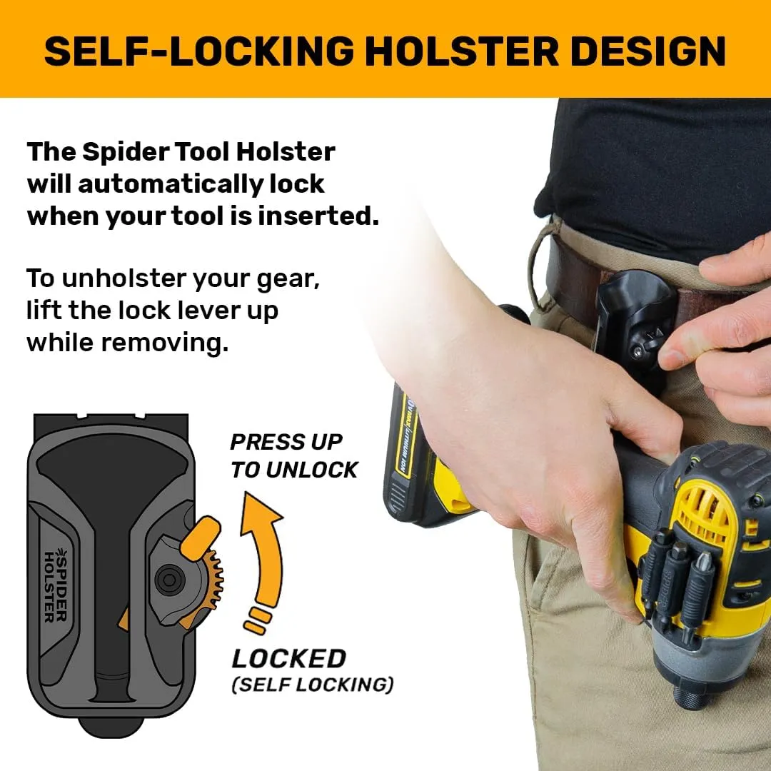 Spider Tool Holster - Pro Tape Measure   Hammer Holster Kit - Upgraded, Self Locking, Quick Draw Universal Tool Holder with Ambidextrous Thumb Lock - Compatible with All Major Brands