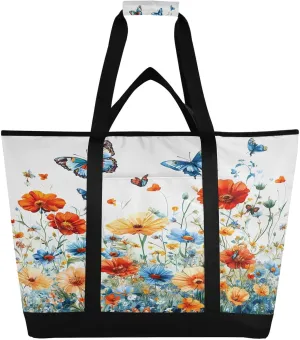 Spring Wildflowers and Butterflies Reusable Insulated Lunchbox Cooler Bag, Leakproof Kitchen Grocery Bag Collapsible Portable Cooler Tote Bag for Picnic, Camping, Office, Travel