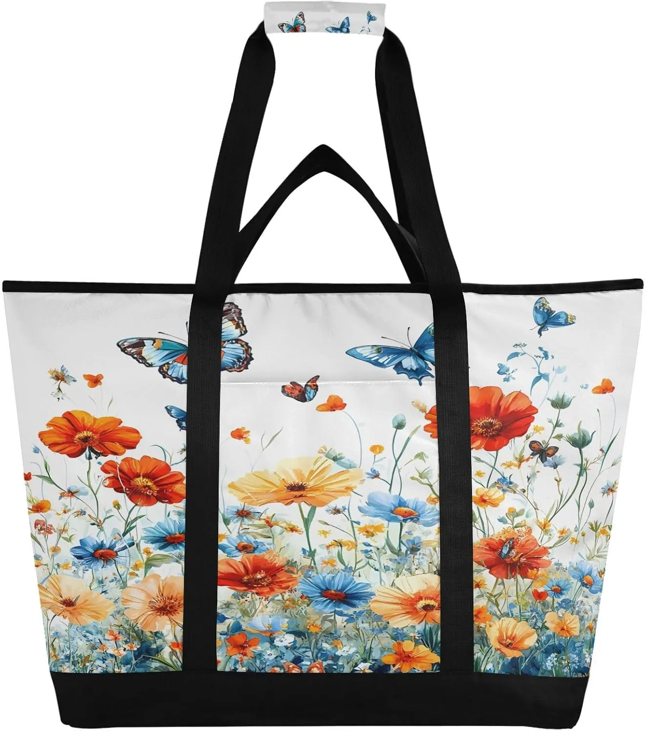 Spring Wildflowers and Butterflies Reusable Insulated Lunchbox Cooler Bag, Leakproof Kitchen Grocery Bag Collapsible Portable Cooler Tote Bag for Picnic, Camping, Office, Travel