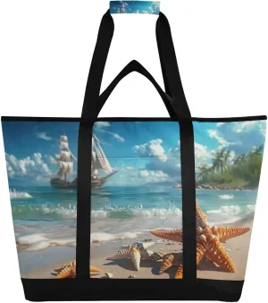 Starfish on Seaside Beach Reusable Insulated Lunchbox Cooler Bag, Leakproof Kitchen Grocery Bag Collapsible Portable Cooler Tote Bag for Picnic, Camping, Office, Travel