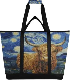 Starry Highland Cow Reusable Insulated Lunchbox Cooler Bag, Leakproof Kitchen Grocery Bag Collapsible Portable Cooler Tote Bag for Picnic, Camping, Office, Travel