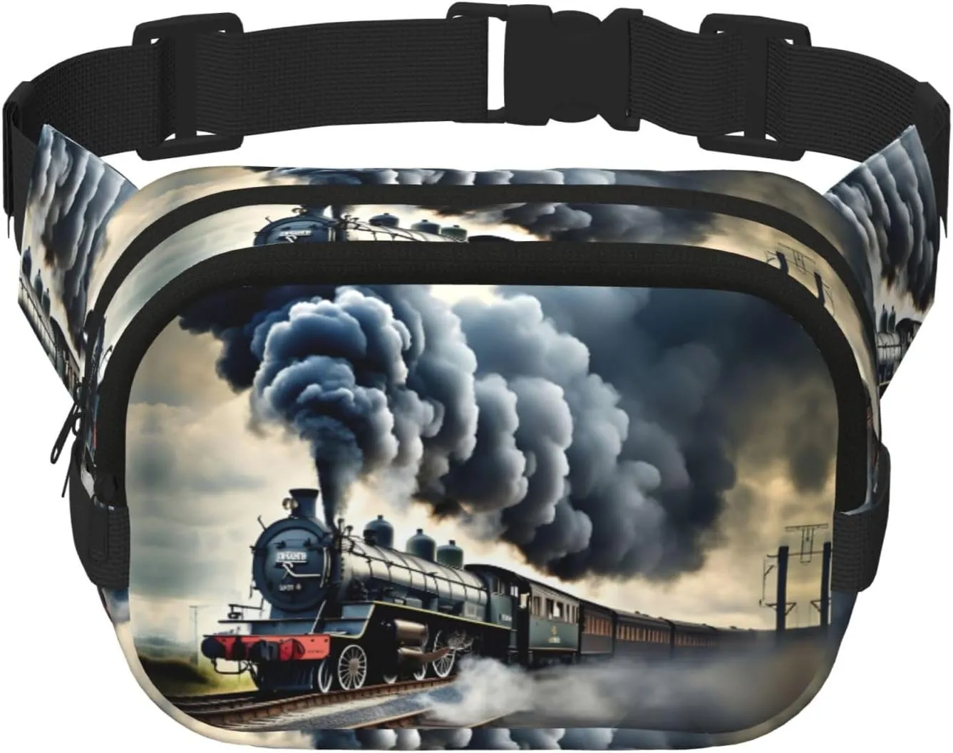 Steam Train Clouds Print Square Double Layer functionality Waist Bag Unisex Crossbody Pack Travel Workout