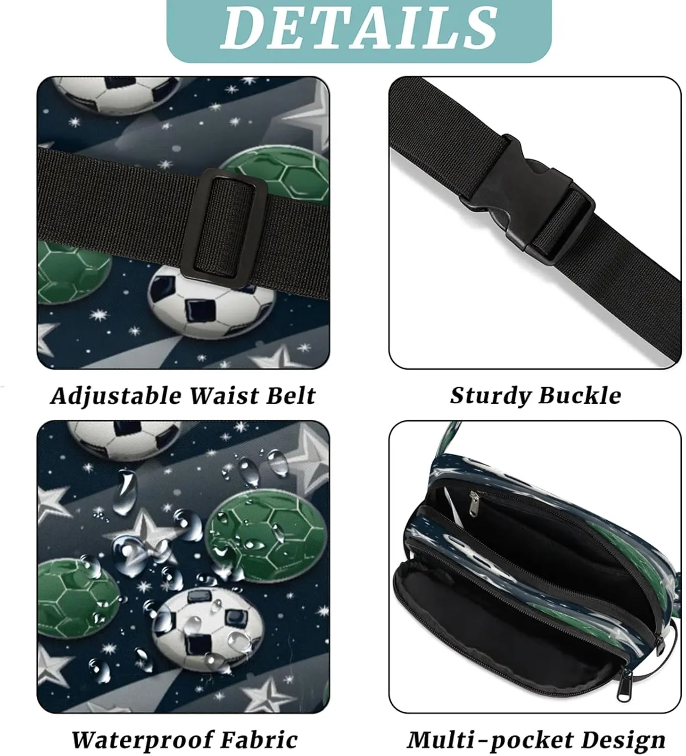 Stellar Soccer Waterproof Unisex Square Fanny Pack, Adjustable Waist Bag with Pockets, Sturdy Lightweight Crossbody Bag for Travel, Running, Hiking (9x6.1x2.5 Inches)