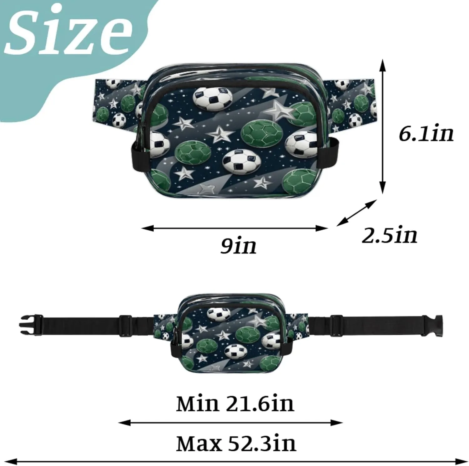Stellar Soccer Waterproof Unisex Square Fanny Pack, Adjustable Waist Bag with Pockets, Sturdy Lightweight Crossbody Bag for Travel, Running, Hiking (9x6.1x2.5 Inches)