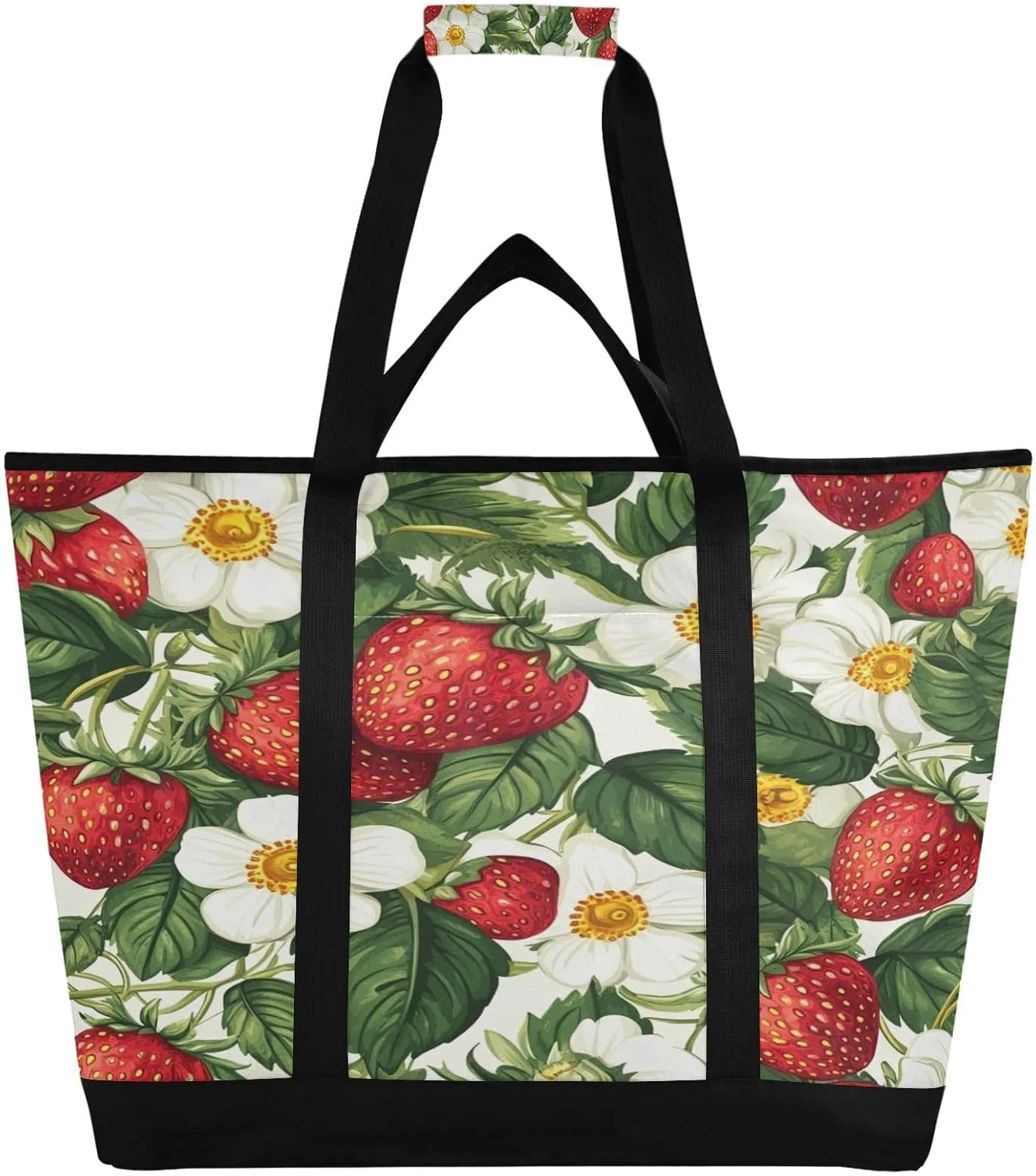 Strawberry Flowers Reusable Insulated Lunchbox Cooler Bag, Leakproof Kitchen Grocery Bag Collapsible Portable Cooler Tote Bag for Picnic, Camping, Office, Travel