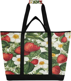 Strawberry Flowers Reusable Insulated Lunchbox Cooler Bag, Leakproof Kitchen Grocery Bag Collapsible Portable Cooler Tote Bag for Picnic, Camping, Office, Travel