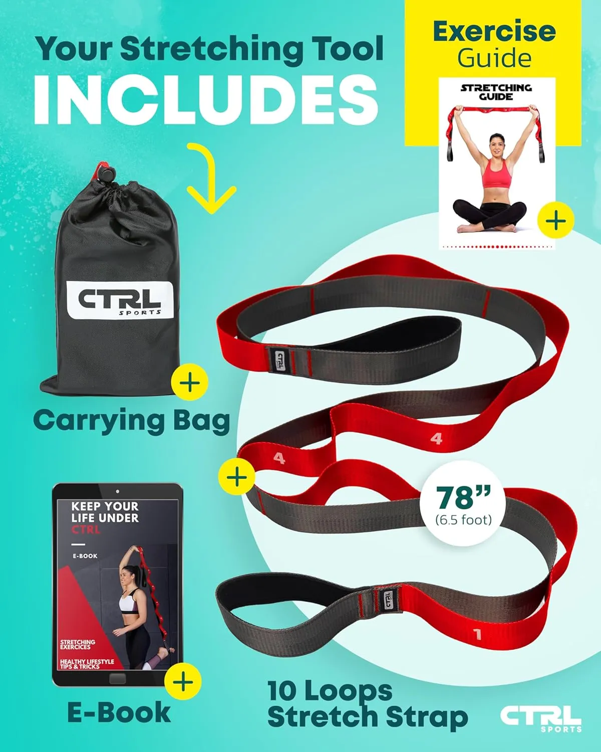 Stretching Strap with Loops - Non Elastic Stretch Band for Physical Therapy, Yoga Strap for Stretching Equipment, Stretch Bands for Exercise and Flexibility - Fascia, Hamstring & Leg Stretcher Belt