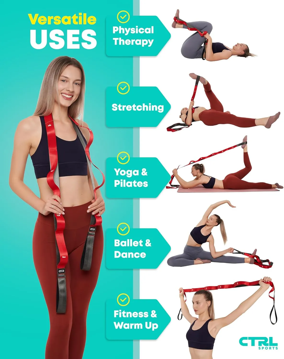 Stretching Strap with Loops - Non Elastic Stretch Band for Physical Therapy, Yoga Strap for Stretching Equipment, Stretch Bands for Exercise and Flexibility - Fascia, Hamstring & Leg Stretcher Belt