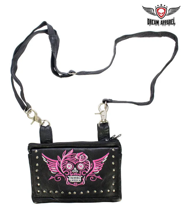 Studded Pink & White Sugar Skull Naked Cowhide Leather Belt Bag