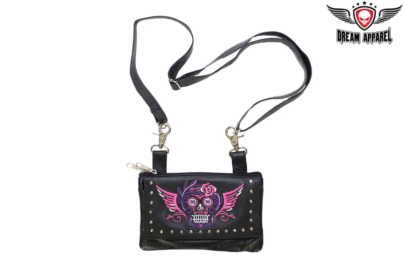 Studded Pink and Purple Sugar Skull Naked Cowhide Leather Belt Bag