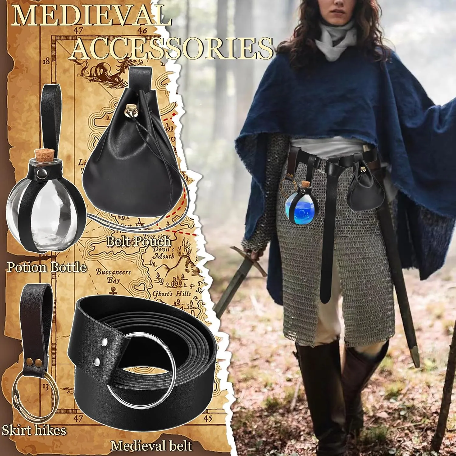SUMGOGO 4 Pcs Halloween Renaissance Belt Pouch Witch Bottle Skirt Hikes Medieval Viking Pirate Leather Belt Costume Set