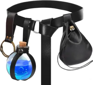 SUMGOGO 4 Pcs Halloween Renaissance Belt Pouch Witch Bottle Skirt Hikes Medieval Viking Pirate Leather Belt Costume Set