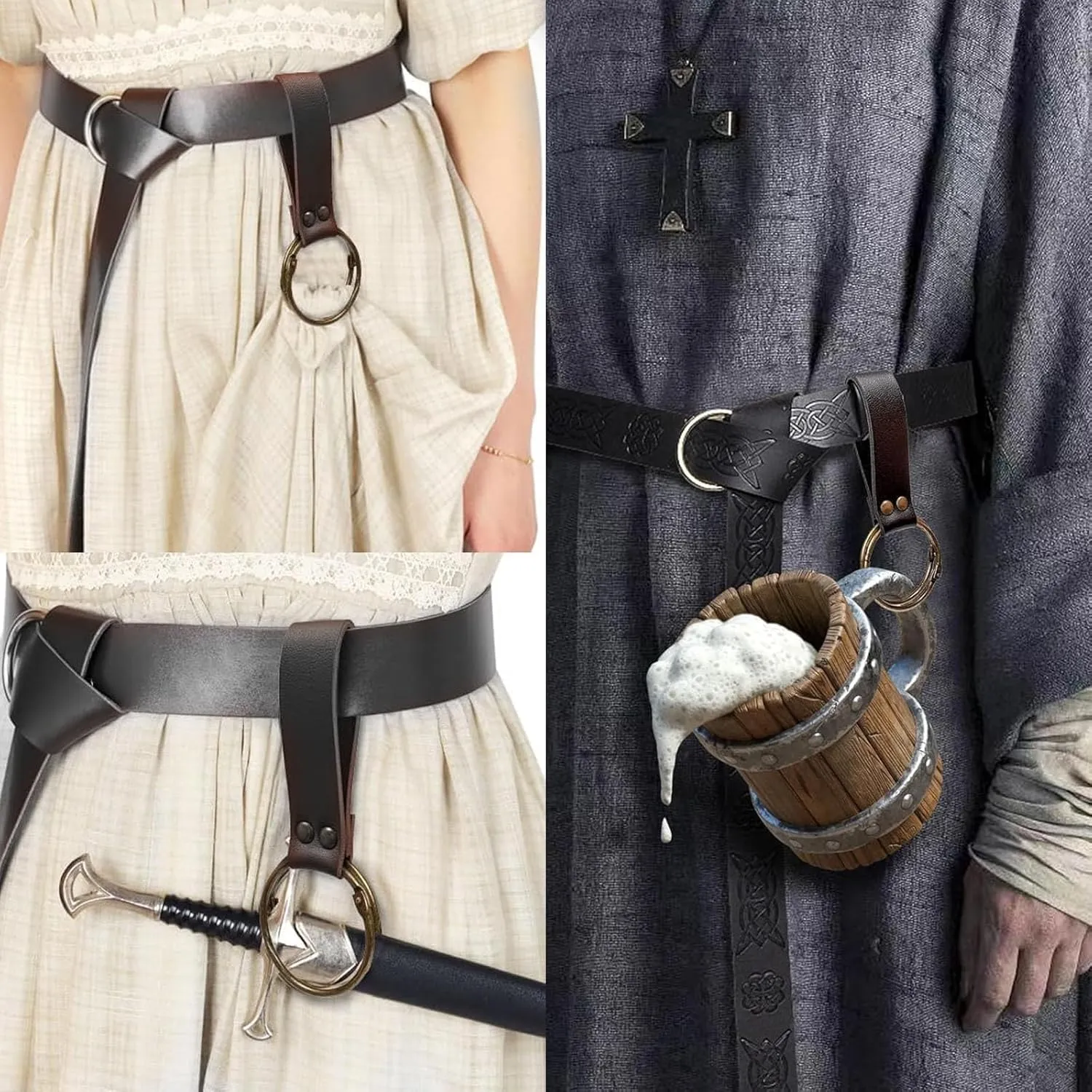 SUMGOGO 4 Pcs Halloween Renaissance Belt Pouch Witch Bottle Skirt Hikes Medieval Viking Pirate Leather Belt Costume Set