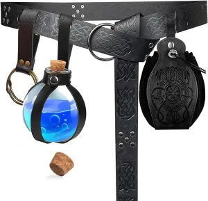 SUMGOGO 4 Pcs Halloween Renaissance Belt Pouch Witch Bottle Skirt Hikes Medieval Viking Pirate Leather Belt Costume Set
