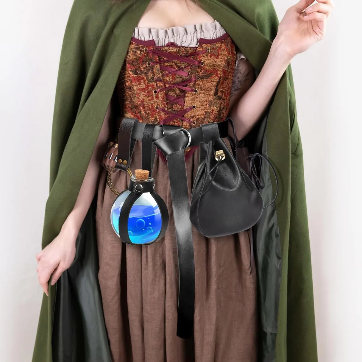 SUMGOGO 4 Pcs Halloween Renaissance Belt Pouch Witch Bottle Skirt Hikes Medieval Viking Pirate Leather Belt Costume Set