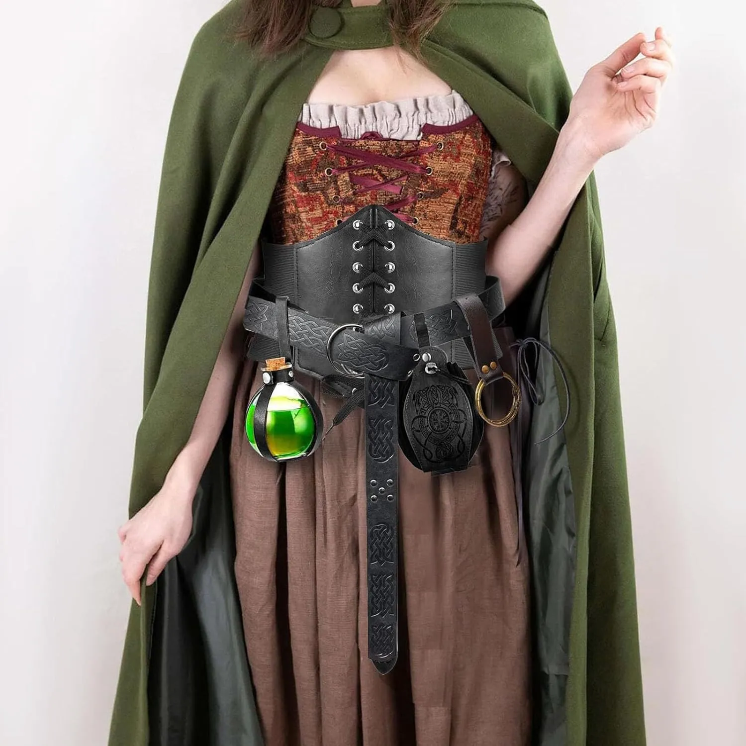 SUMGOGO 4 Pcs Halloween Renaissance Belt Pouch Witch Bottle Skirt Hikes Medieval Viking Pirate Leather Belt Costume Set