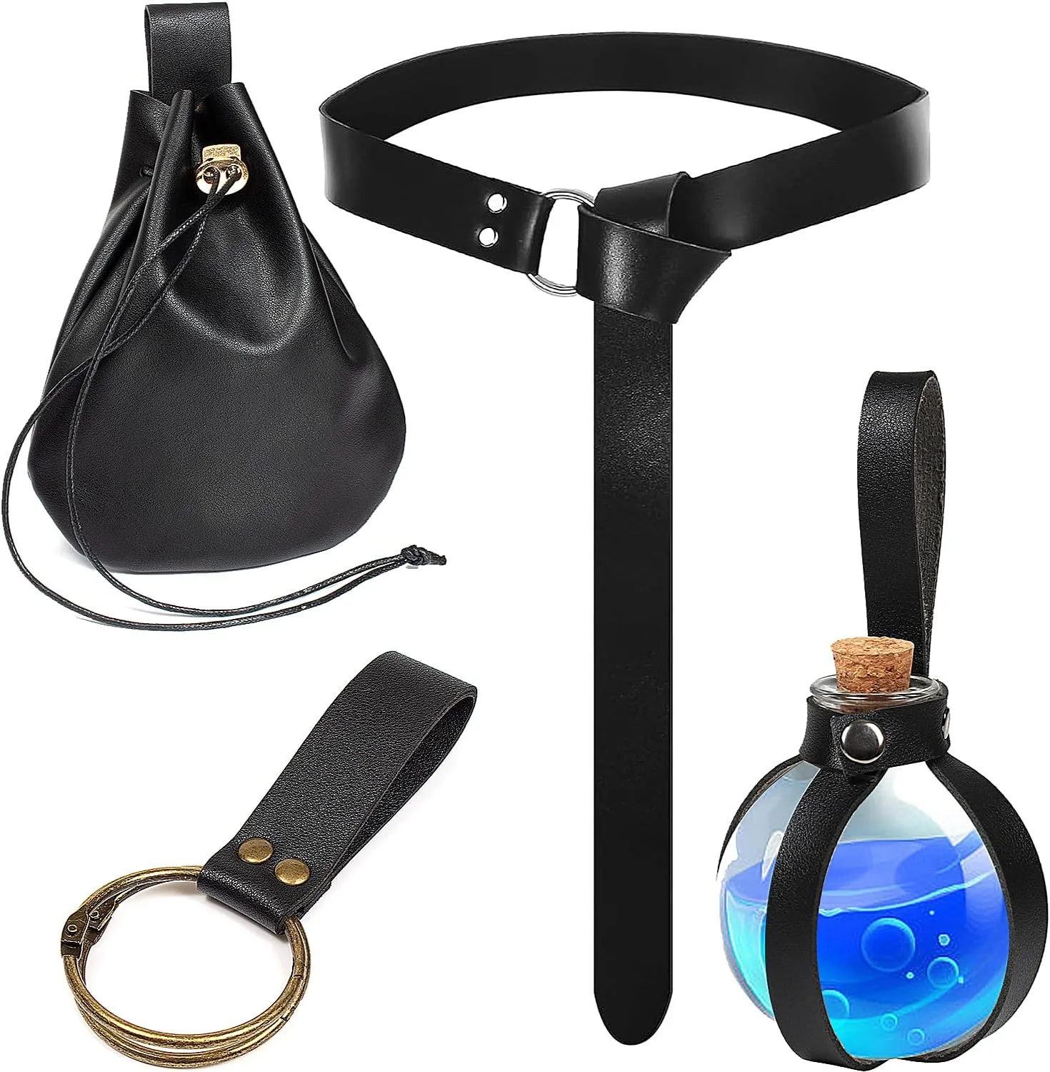 SUMGOGO 4 Pcs Halloween Renaissance Belt Pouch Witch Bottle Skirt Hikes Medieval Viking Pirate Leather Belt Costume Set
