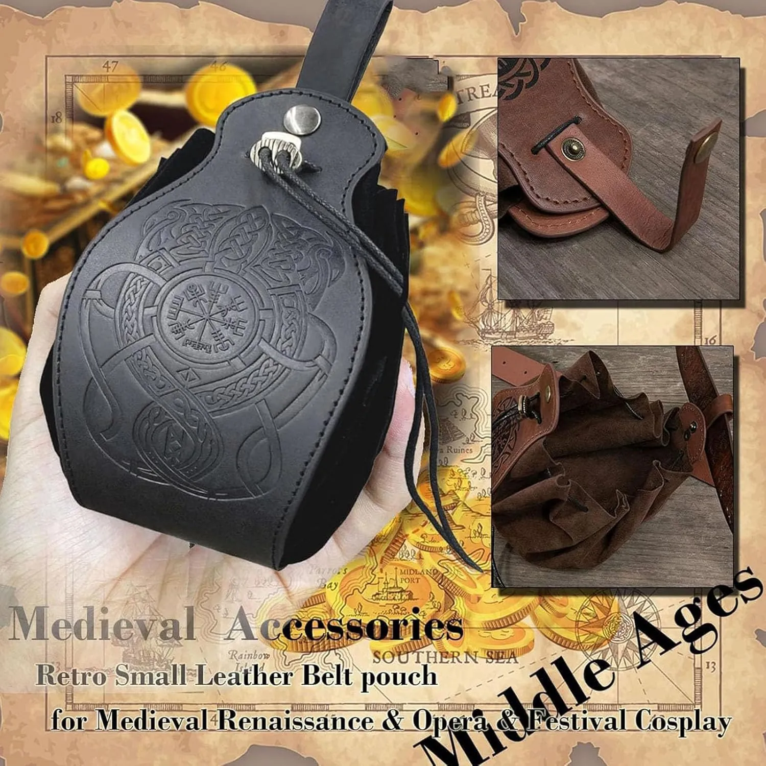 SUMGOGO 4 Pcs Halloween Renaissance Belt Pouch Witch Bottle Skirt Hikes Medieval Viking Pirate Leather Belt Costume Set